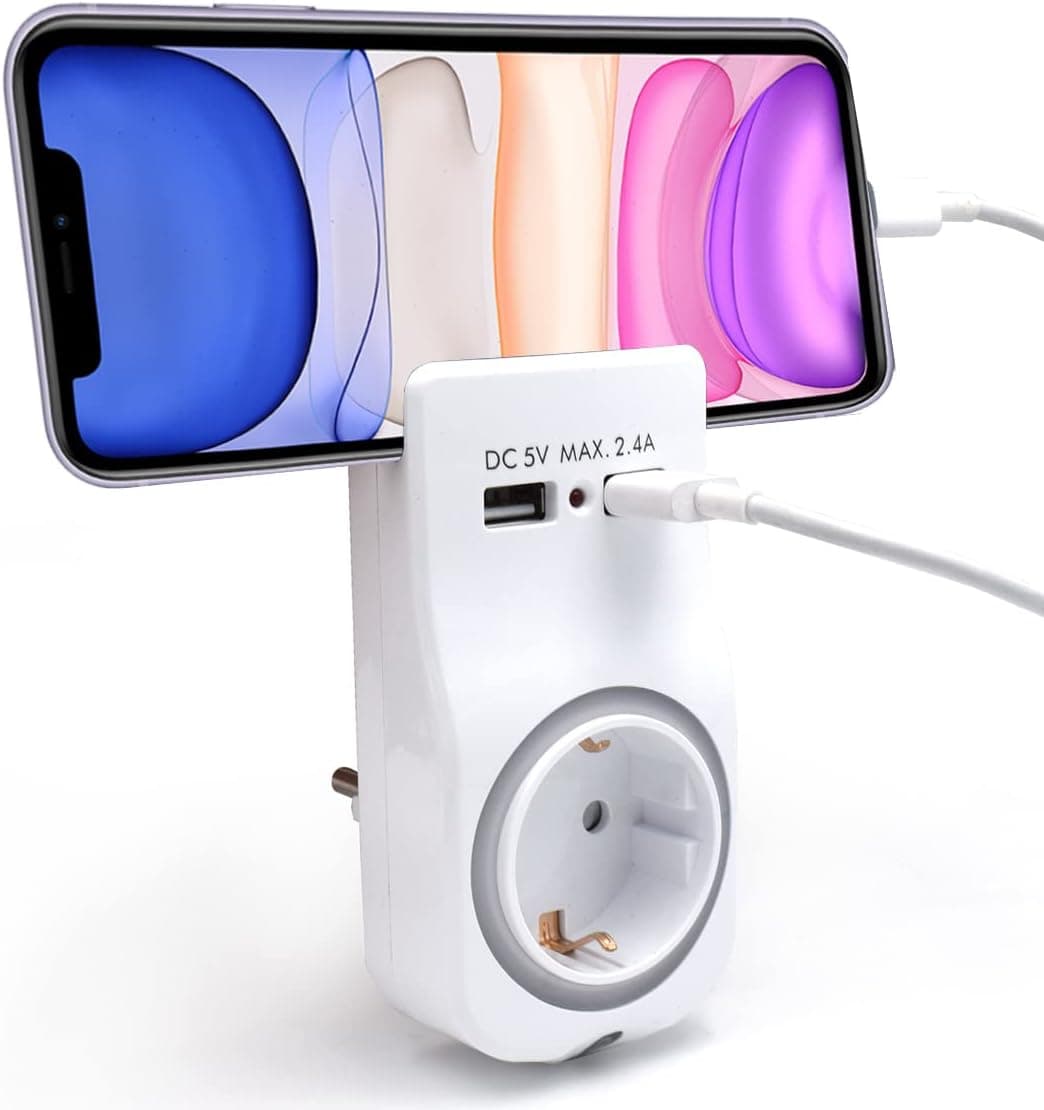 Welly EnjoyIT WY13031 - adaptador de parede 1 tomada Schuko 16A com luz noturna, suporte para telefone inteligente / tablet, 2 portas USB e indicador LED, cor branca