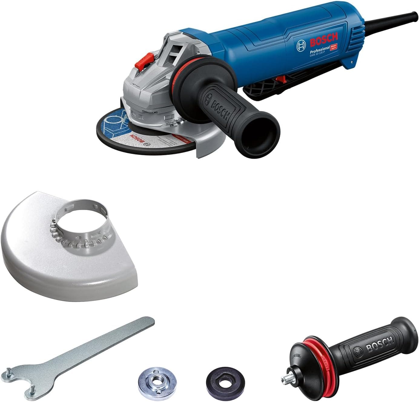 Bosch Professional rebarbadora com cabo GWS 12-125 P 125 mm, 1200 W, com pega auxiliar antivibração, tampa de proteção, chave de dois orifícios)