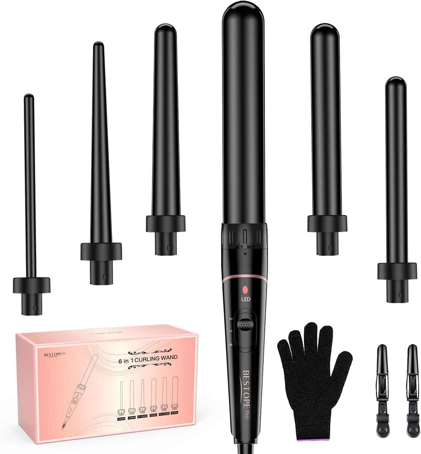 BESTOPE PRO 6 in 1 | Ferro de enrolar cerâmico com 6 acessórios para caracóis grandes e pequenos e luva incluída