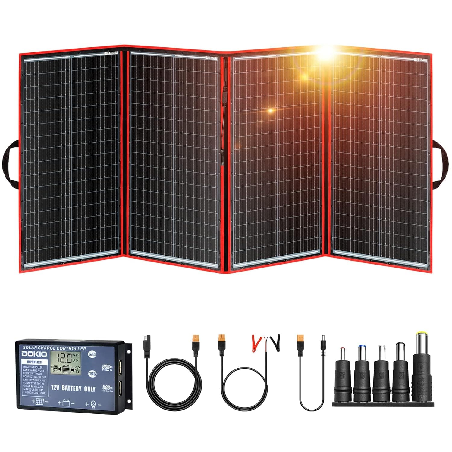 DOKIO Kit painel solar dobrável 300 W 12 V monocristalino portátil, dobrável, imermeável, ideal para energia solar ao ar livre, barcos, campismo, caravanas ou auto-caravanas. Para bateria de 12 V