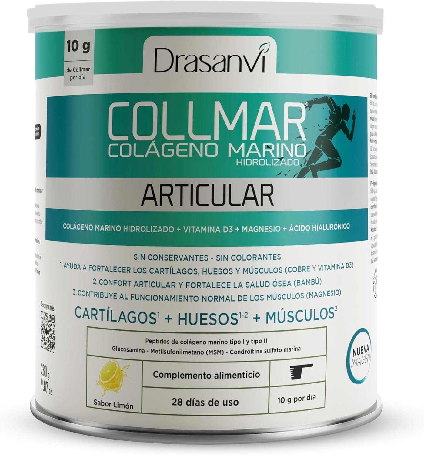 DRASANVI COLLMAR ARTICULAR Colagénio marinho hidrolizado com magnésio, glucosamina condroitina e MSM, Articulações e tendões, anti-inflamatório e reparador de tecidos, 280 g, sabor de limão