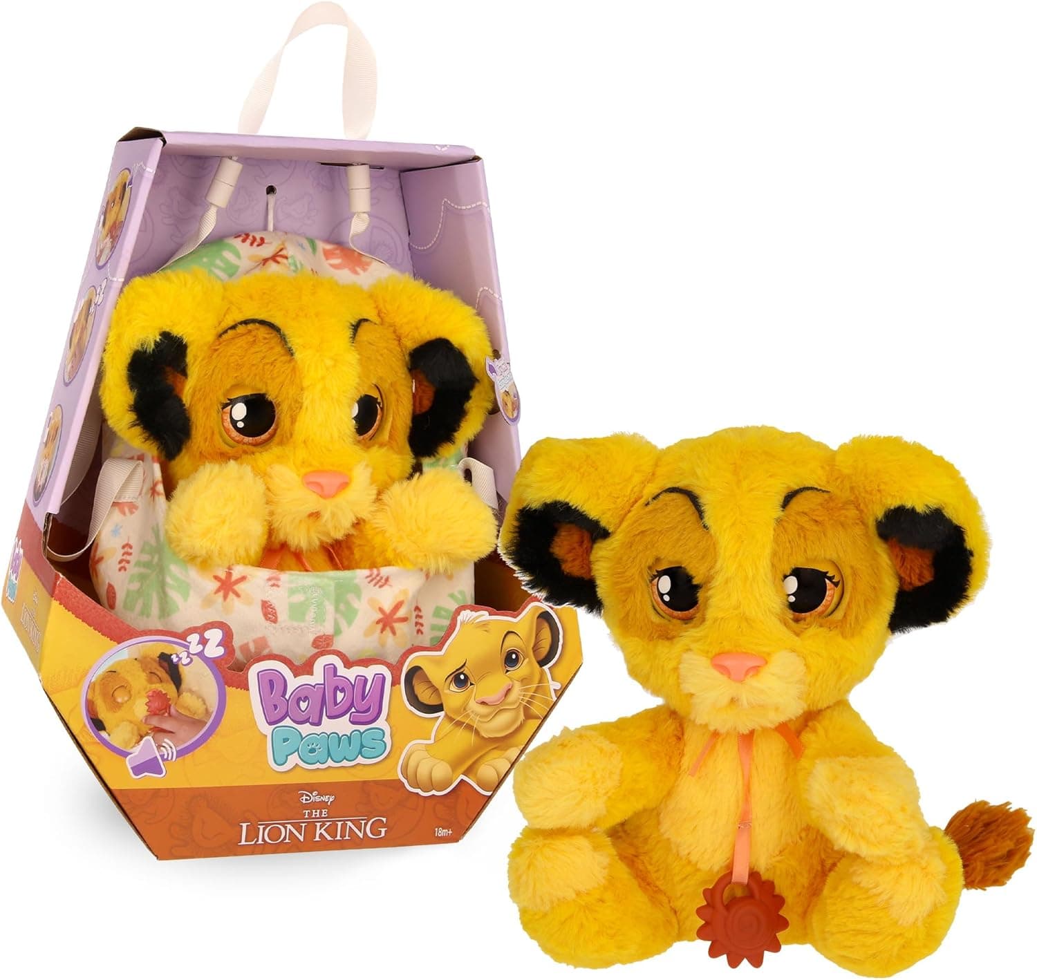 BABY PAWS Simba, peluche interativo, com sons que abre e fecha os olhos e inclui uma bolsa para levar consigo, presente de brinquedo para meninos e meninas de 3 anos ou mais