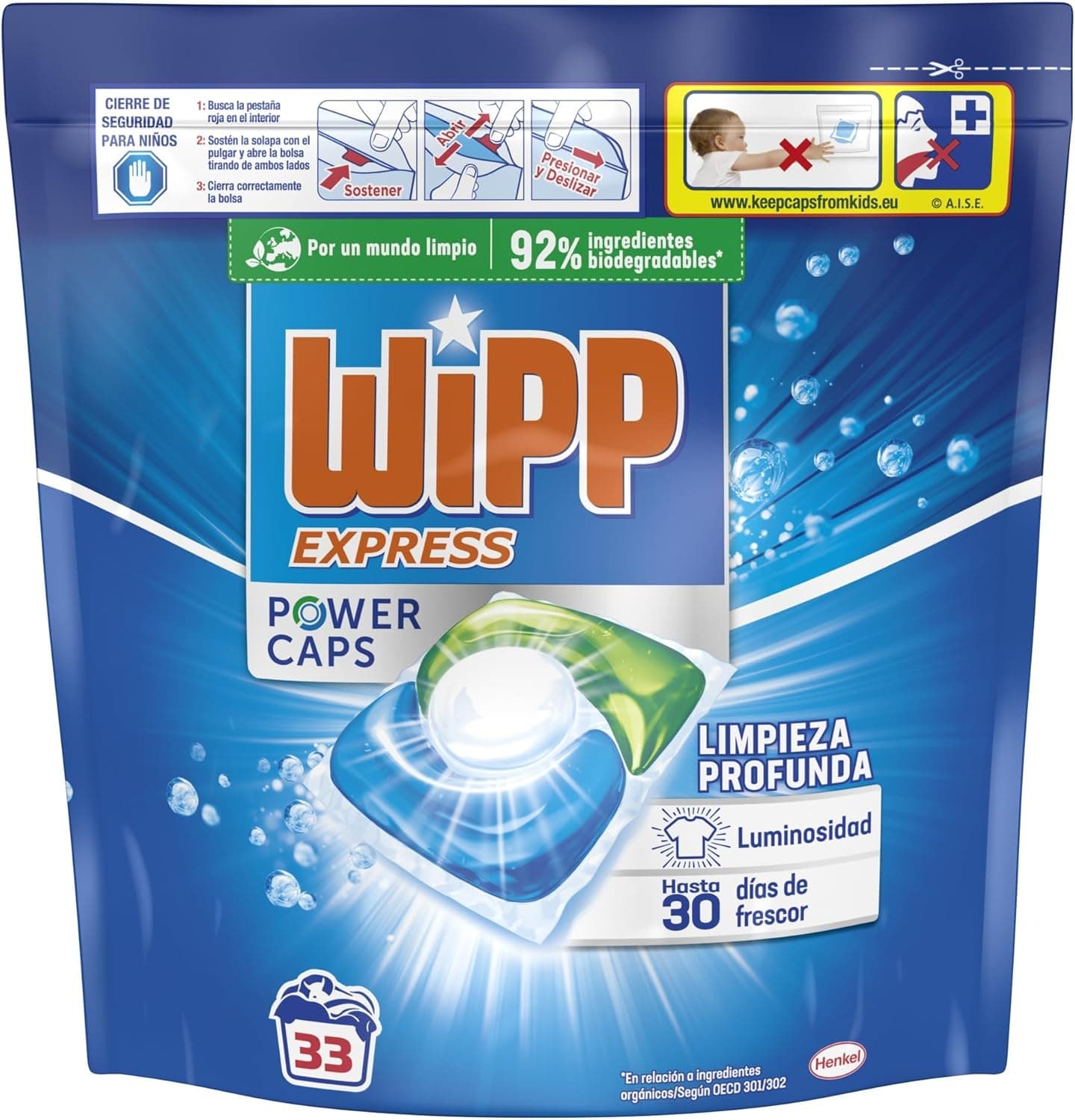 Wipp Express Power Caps Detergente em cápsulas para máquina de lavar roupa, 33 doses, limpeza profunda, eficaz em água fria