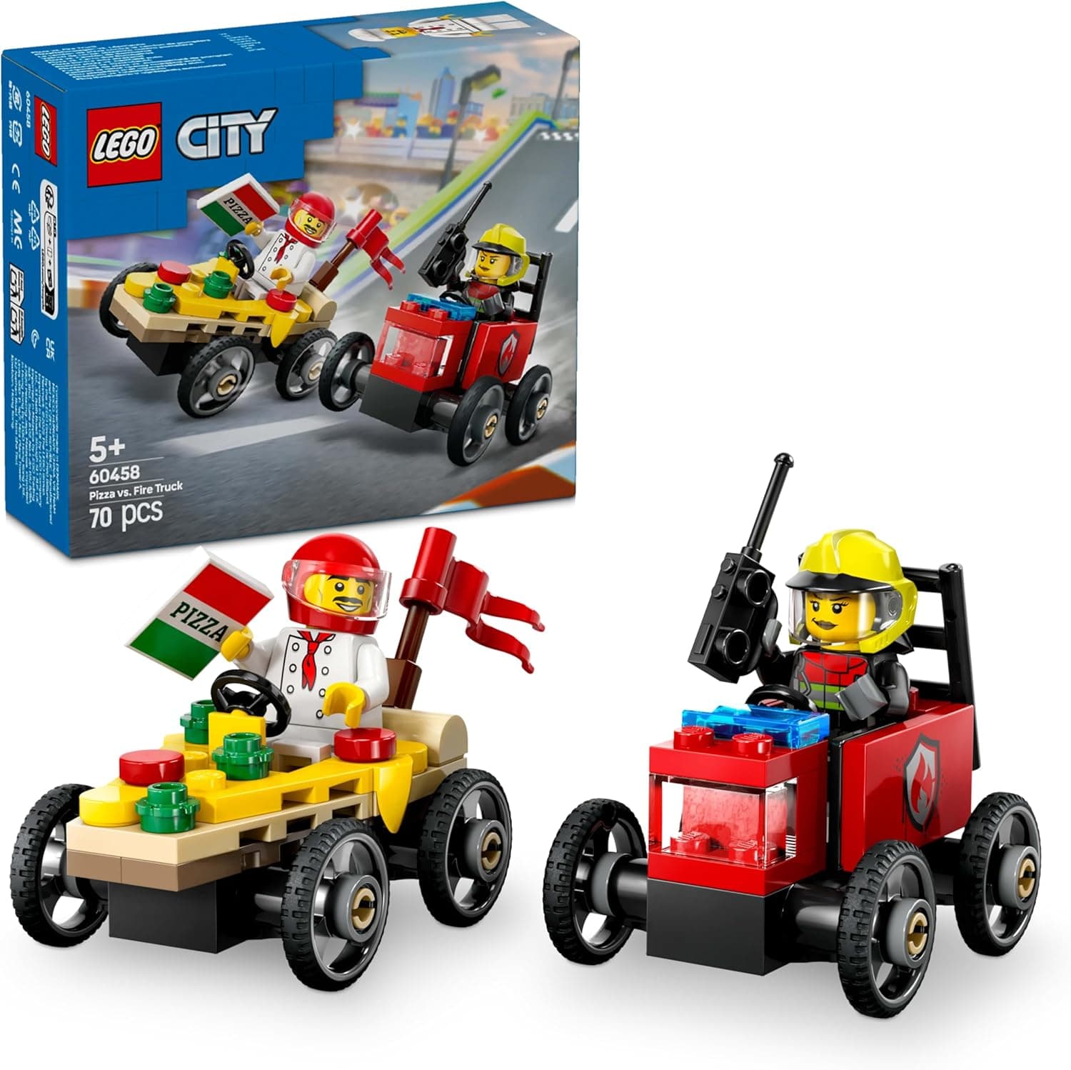 LEGO City Pack de carros de corrida: Pizza vs. Camião de bombeiros de brinquedo, carros loucos de corrida com minifigura de chef e bombeira, presente para meninos e meninas de 5 anos ou mais 60458