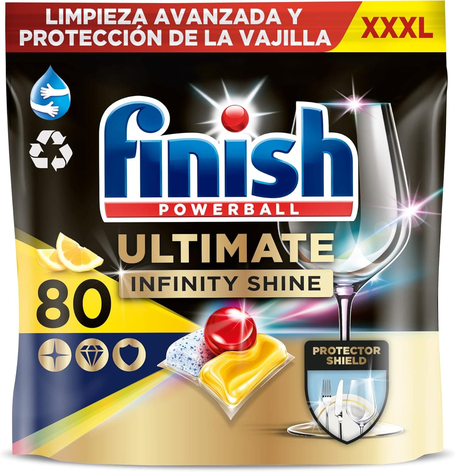 Finish Powerball Ultimate Infinity Shine, Cápsulas para máquina de lavar louça com proteção para louça, aroma limão, pacote de 80 cápsulas