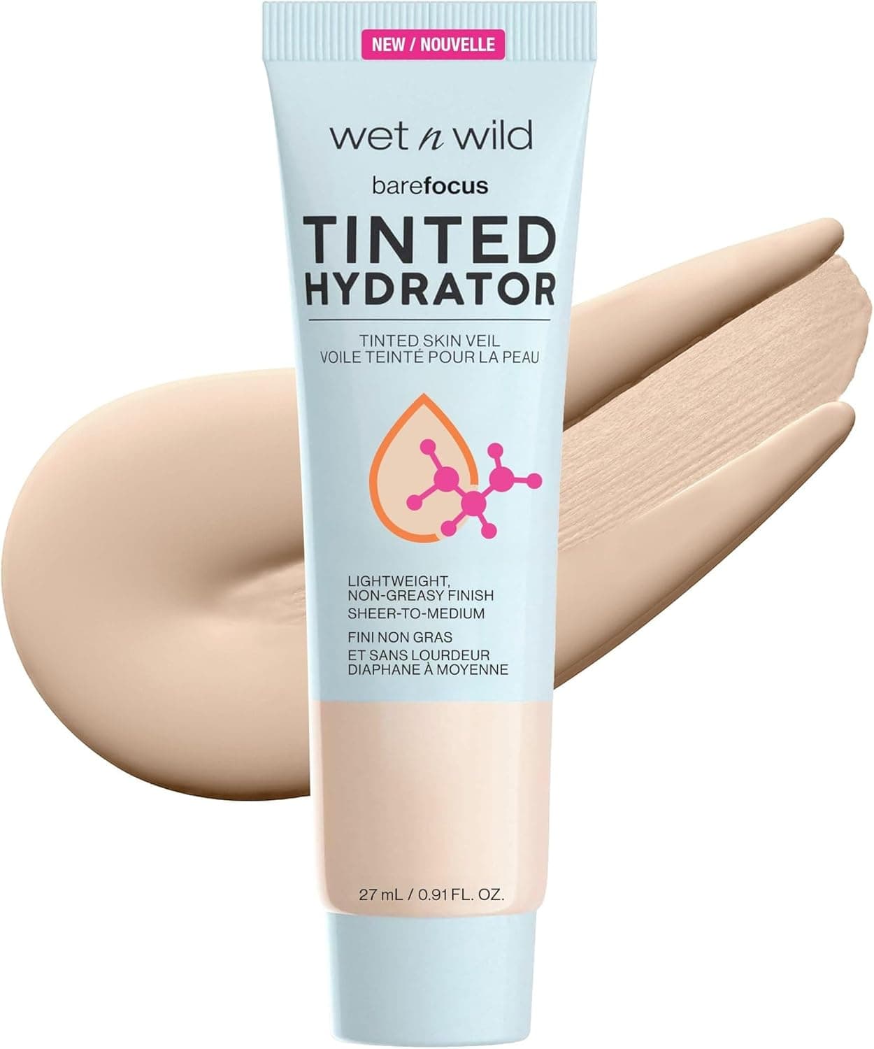 wet n wild, Bare Focus Tinted Hydrator, creme hidratante com cor, pele luminosa, cobertura leve a média, acabamento semimate, fórmula enriquecida com ácido hialurónico e esqualano vegano, médio