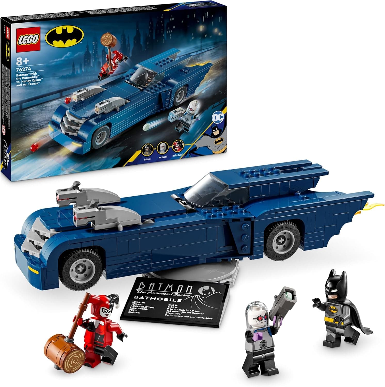 LEGO DC Batman Batman com Batmóvel vs. Harley Quinn e Mr. Freeze, carro de brinquedo da série para televisão e minifiguras, presente para meninos e meninas de 8 anos ou mais 76274