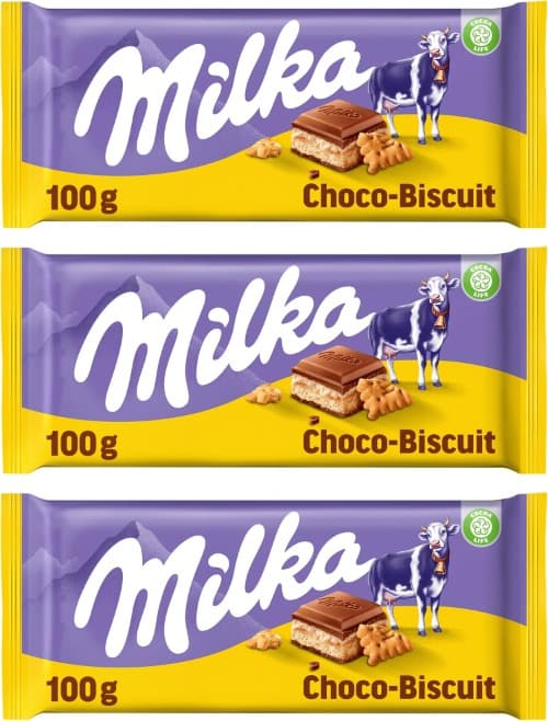 Milka Choco Biscuit Tablet de chocolate com leite dos alpes com enchimento de bolachas e creme de leite 100 g x 3