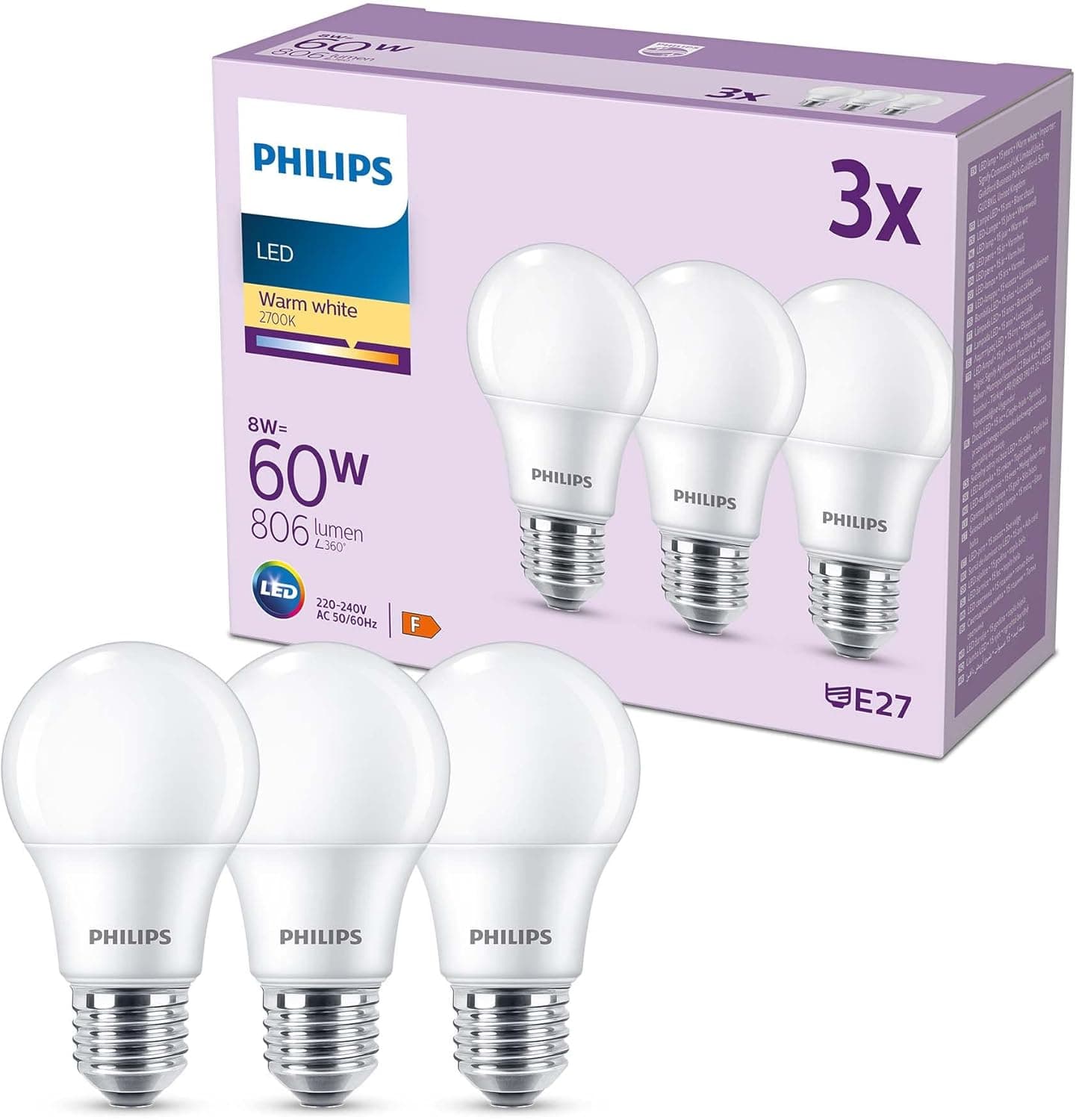 Philips Lâmpada LED clássica mate de 8 W (Eq. 60 W) 806 lúmenes, casquilho E27, luz quente (2700 K) - conjunto de 3 lâmpadas