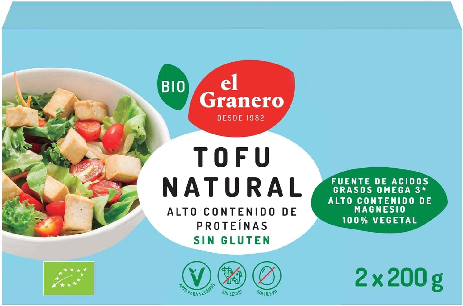 El Granero Integral Tofu Natural | Pack de 2 blocos de 200 g fonte vegetal de proteínas e omega 3 sem glúten para veganos
