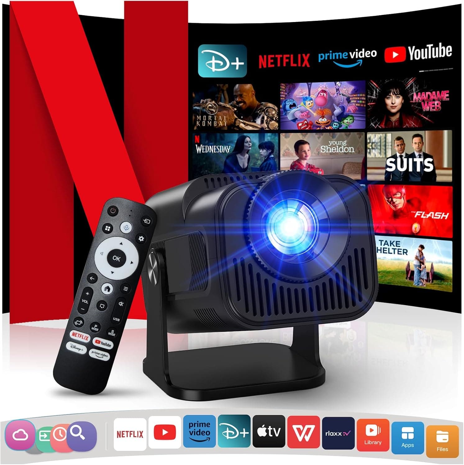 Projetor 4K com WiFi e Bluetooth, 1080P Nativo Mini projetor portátil, One-Click Use Netflix/Youtube/PrimeVideo/D integrado, Smart Home Outdoor Projetor Preto