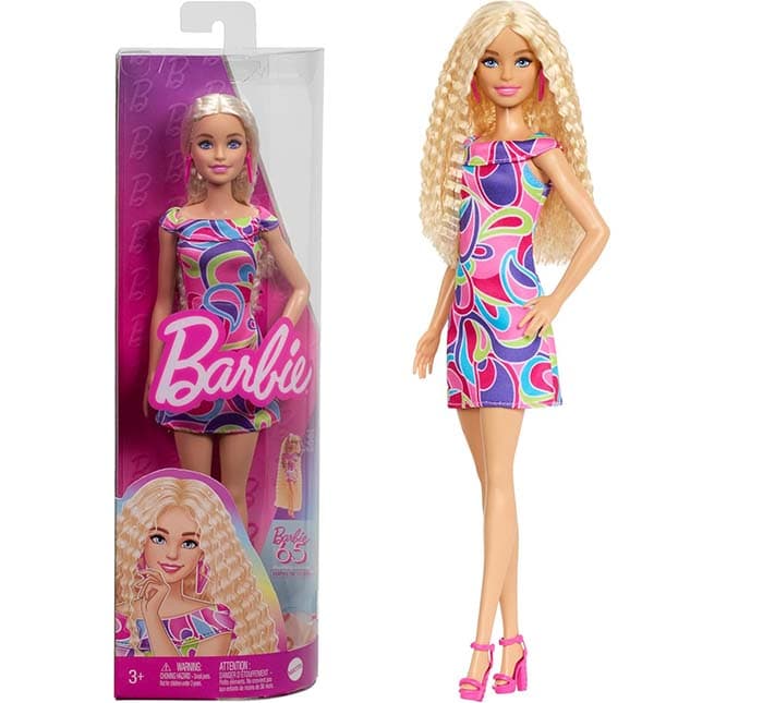 Barbie Fashionistas N.223, boneca com cabelo loiro ondulado, brincos rosa e vestido colorido inspirado no estilo Totally Hair de 1992, presente de brinquedo para meninos e meninas +3 anos, HRH20