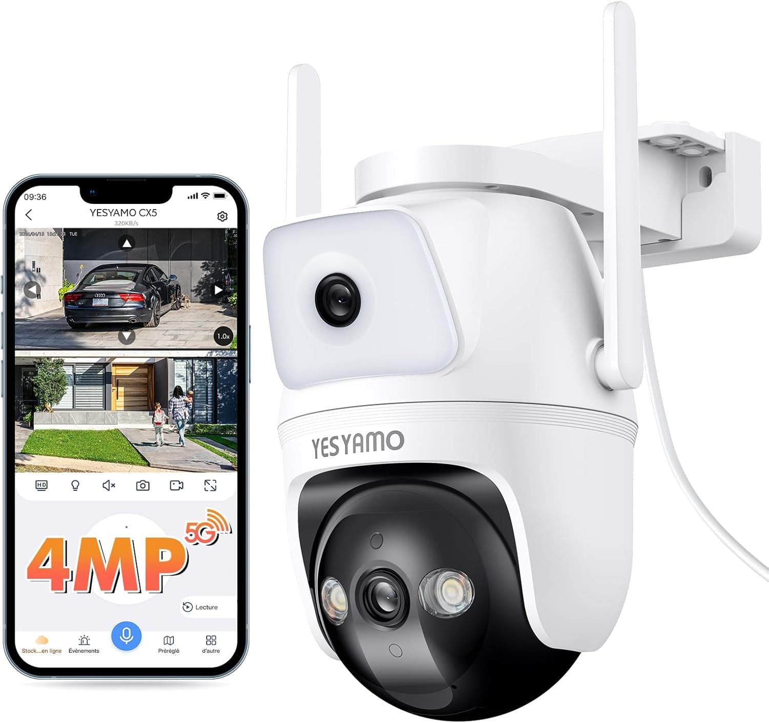 YESYAMO Câmara de vigilância WiFi exterior 360° 2,5 K, 4 MP, lentes duplas, câmara de segurança com WiFi6, 2,4 G e 5G, visão noturna até 30 m, rastreamento automático, detecção AI, áudio bidirecional