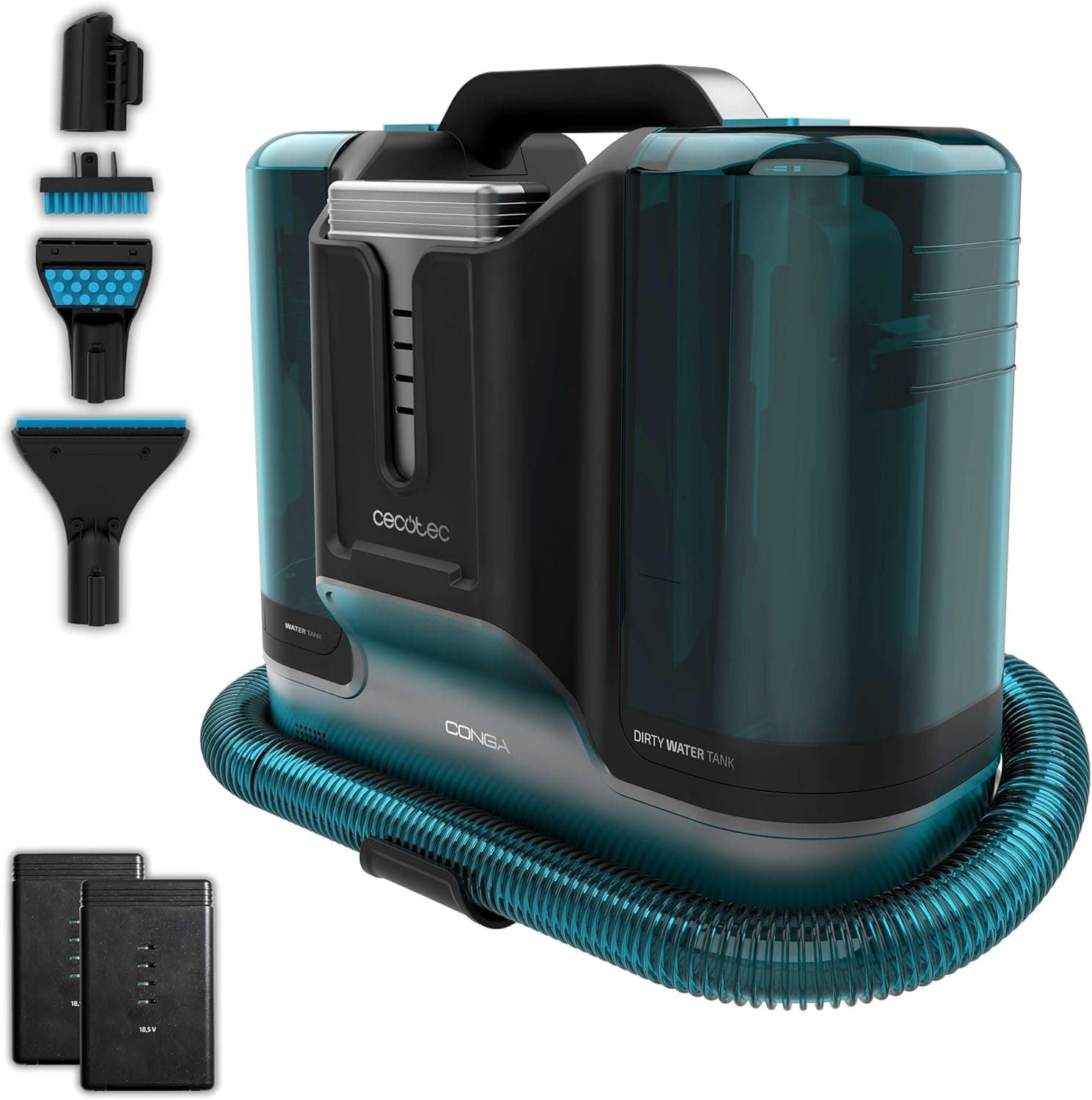 Cecotec Limpador aspirador de tapetes e tapetes sem cabo Conga Carpet&Spot Clean Infinity. 150 W, 2 baterias intercambiáveis, autonomia 60 m, pulverizador de água e acessório limpa janelas