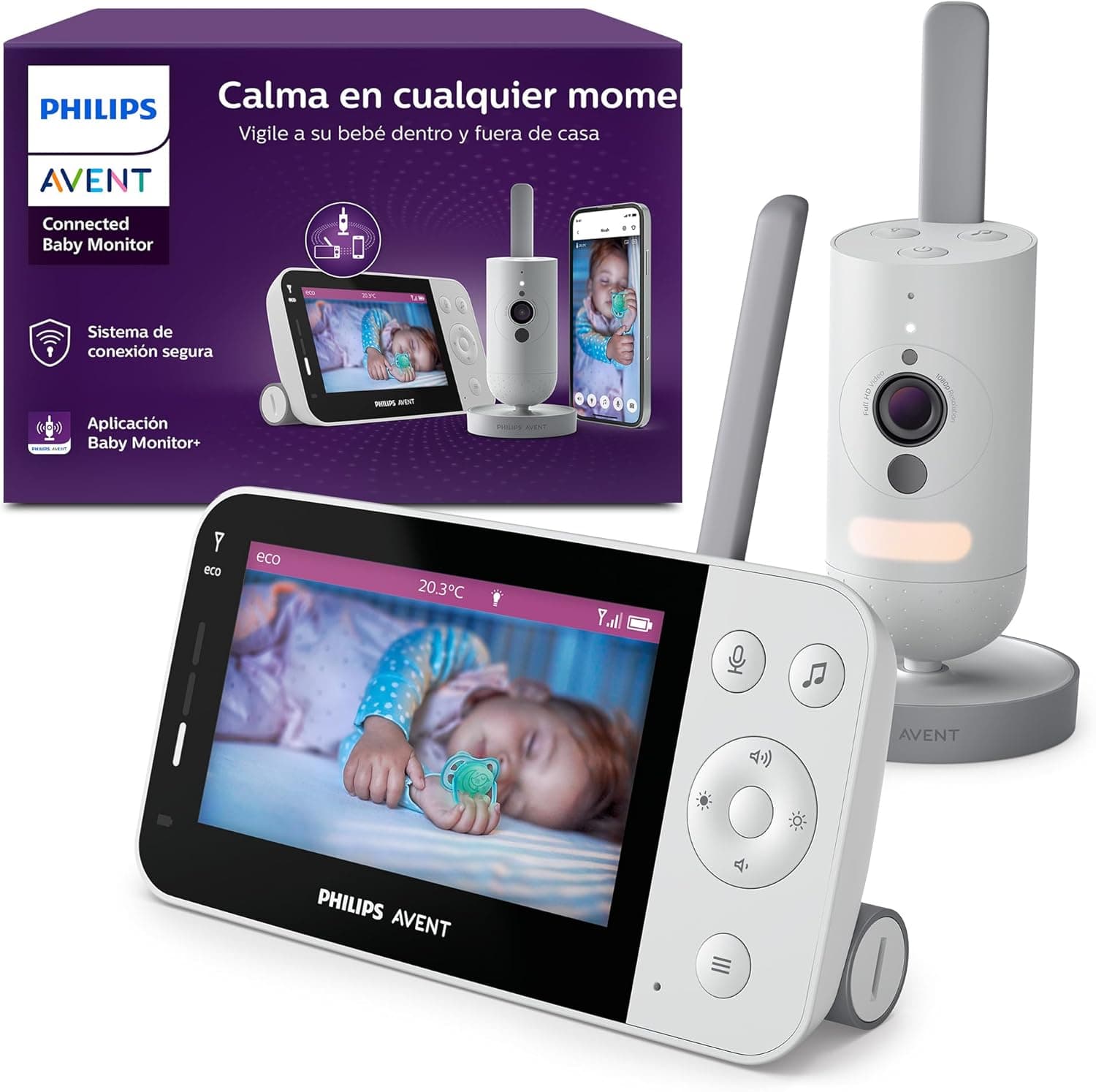 Philips Avent Vigilador para bebés conectado com Wi-Fi, câmara HD de qualidade, visão noturna por infravermelhos, deteção de choro, áudio bidirecional, tempo de deteção de 12 horas em modo eco