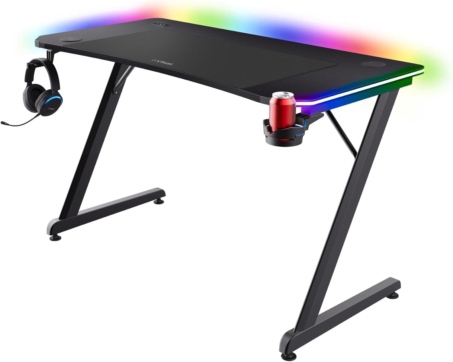 Trust Gaming GXT 710 Luminus Pro Mesa Gaming 120 x 60 com LED RGB, carregador sem fios de 10 W integrado, 10 modos de cor, secretária Gamer com base de copos e gancho, auriculares para computador