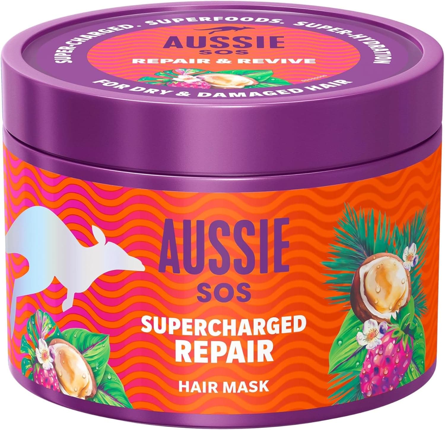 Aussie SOS Supercharged Repair máscara empilhar 500 ml para cabelo seco e danificado. Ajuda a reparar e proteger os cabelos danificados, deixando-o macio, liso e hidratante por 100 horas