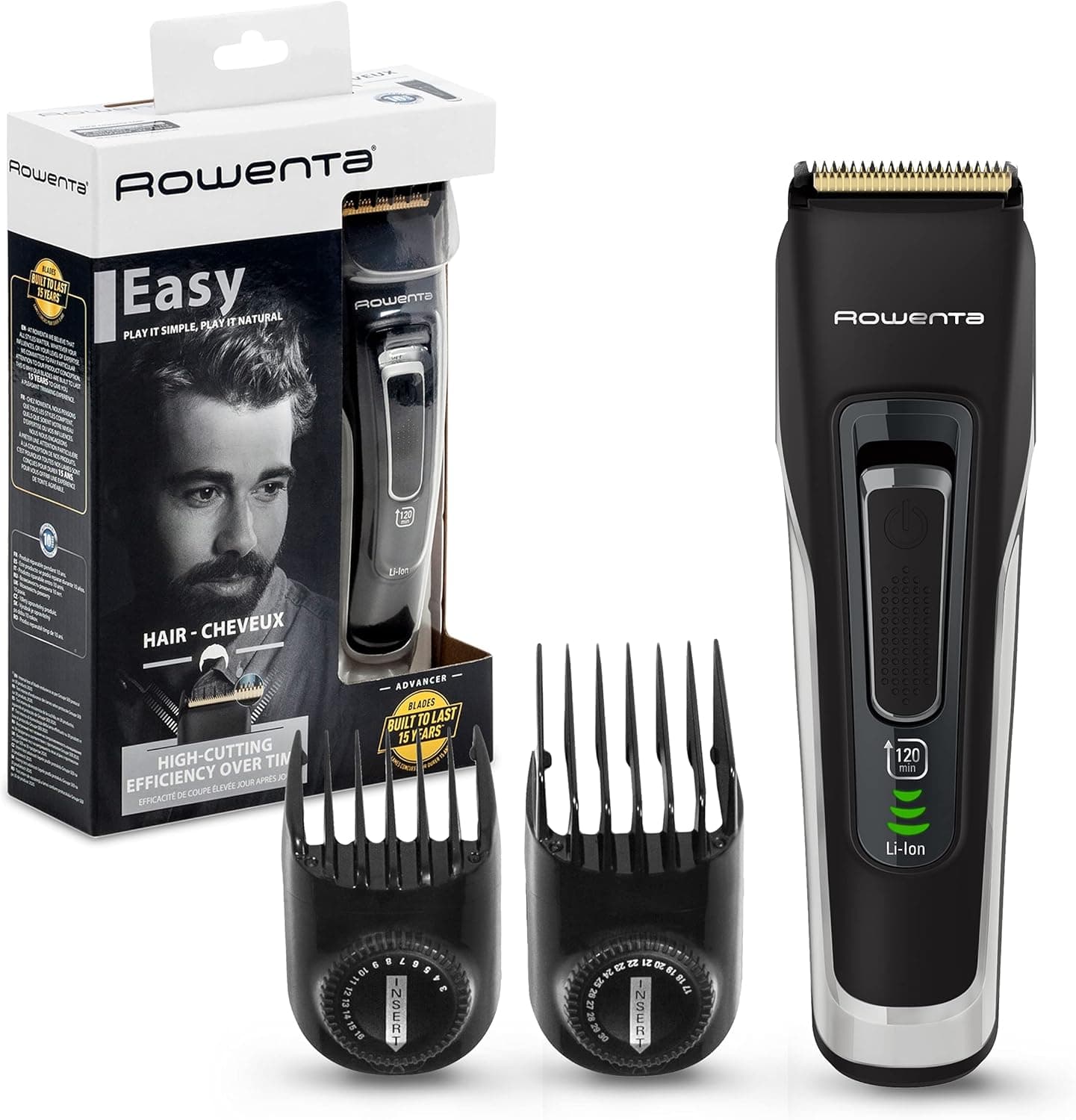 Rowenta Advancer Easy TN5201 Corta-pelos para homem, lâminas de aço inoxidável, revestimento de titânio, 29 configurações de 0,5 mm a 30 mm, autonomia até 120 min, carregamento rápido, sem cabo