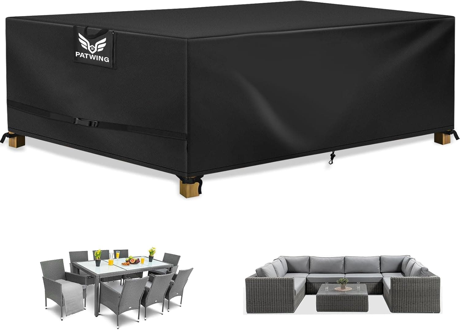 PATWING Capa para móveis de exterior impermeável, 600D Oxford capa de mesa de jardim impermeável, resistente ao vento contra raios anti-UV capa protetora móveis e jardim, 270 x 180 x 89 cm