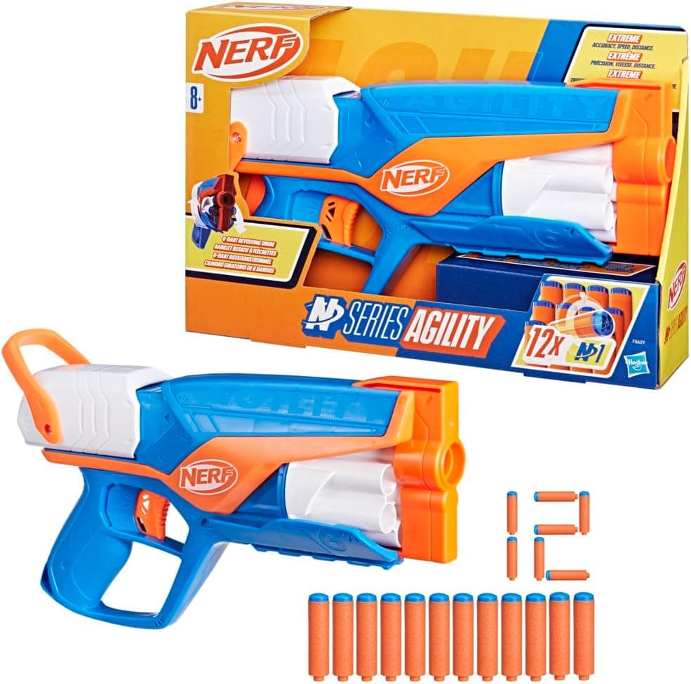 Nerf Lançador N Series Agility com 12 Dardos – Tambor Rotativo de 6 Dardos, Atividades ao Ar Livre, Presente de Natal ou Dia de Reis para Crianças a partir dos 8 Anos
