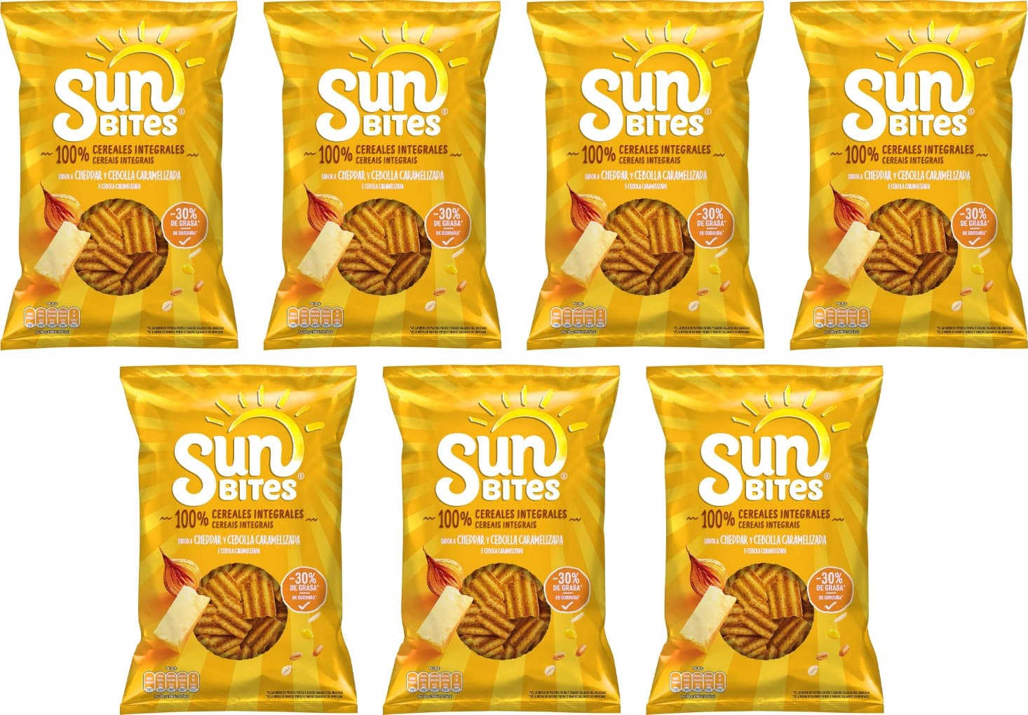 Sunbites, Snack ondulados multicereais com sabor A Cheddar e cebola caramelada, 95 g x 7