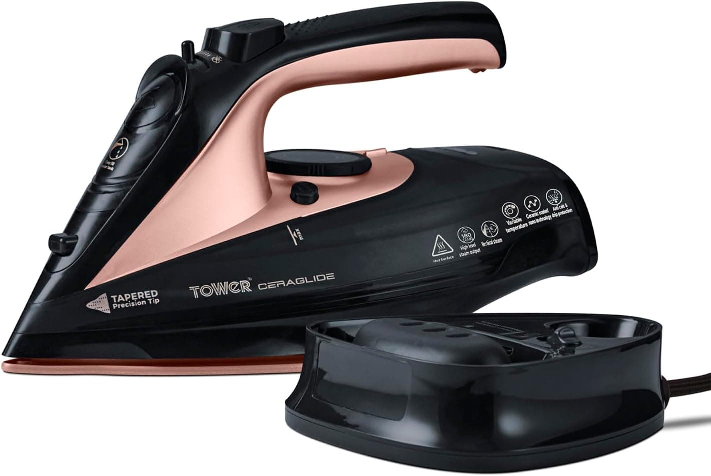 Tower T22008RG Ferro de roupa sem cabo, ferro a vapor com sola cerâmica cera Glide e função de vapor variável, 2400 W, preto e dourado rosa