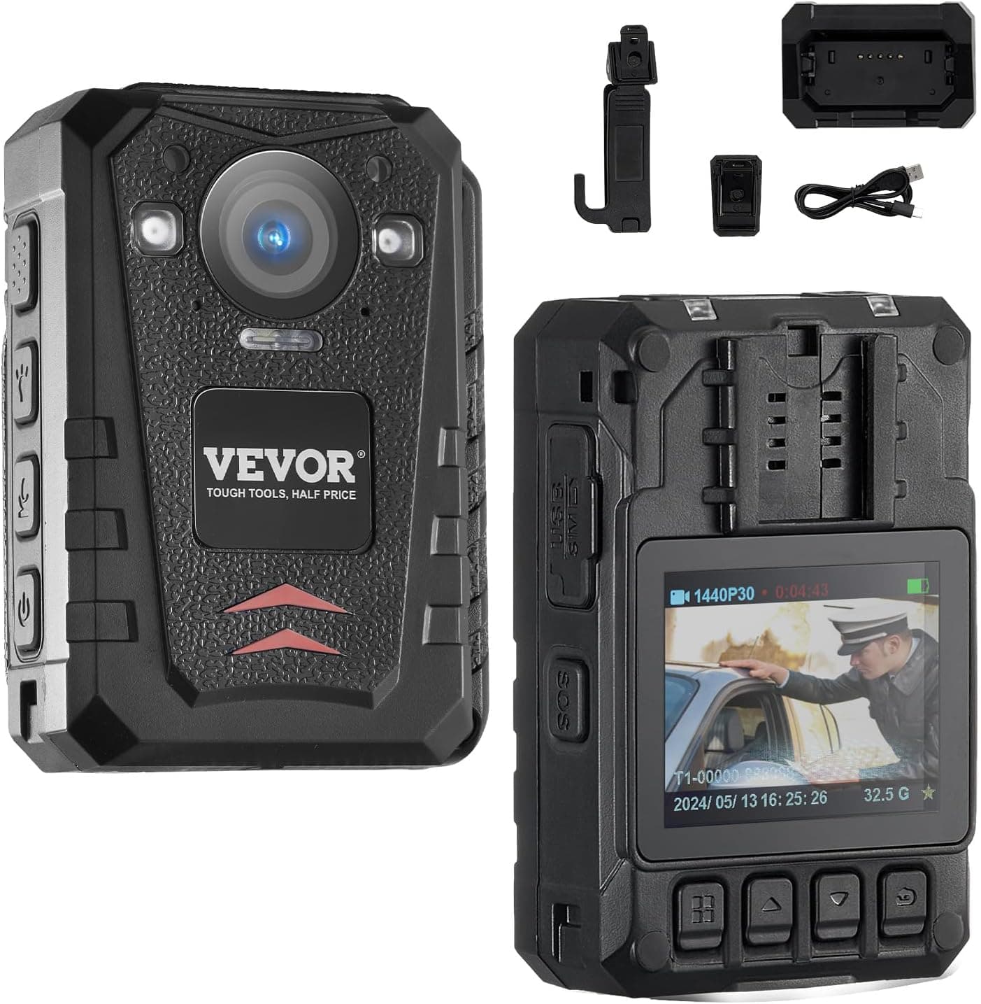 VEVOR Câmara corporal de polícia 2K, câmara corporal impermeável de 128 GB com gravação de áudio e vídeo, bateria incorporada de 3500 mAh, LCD de alta resolução, GPS, visão noturna por infravermelhos