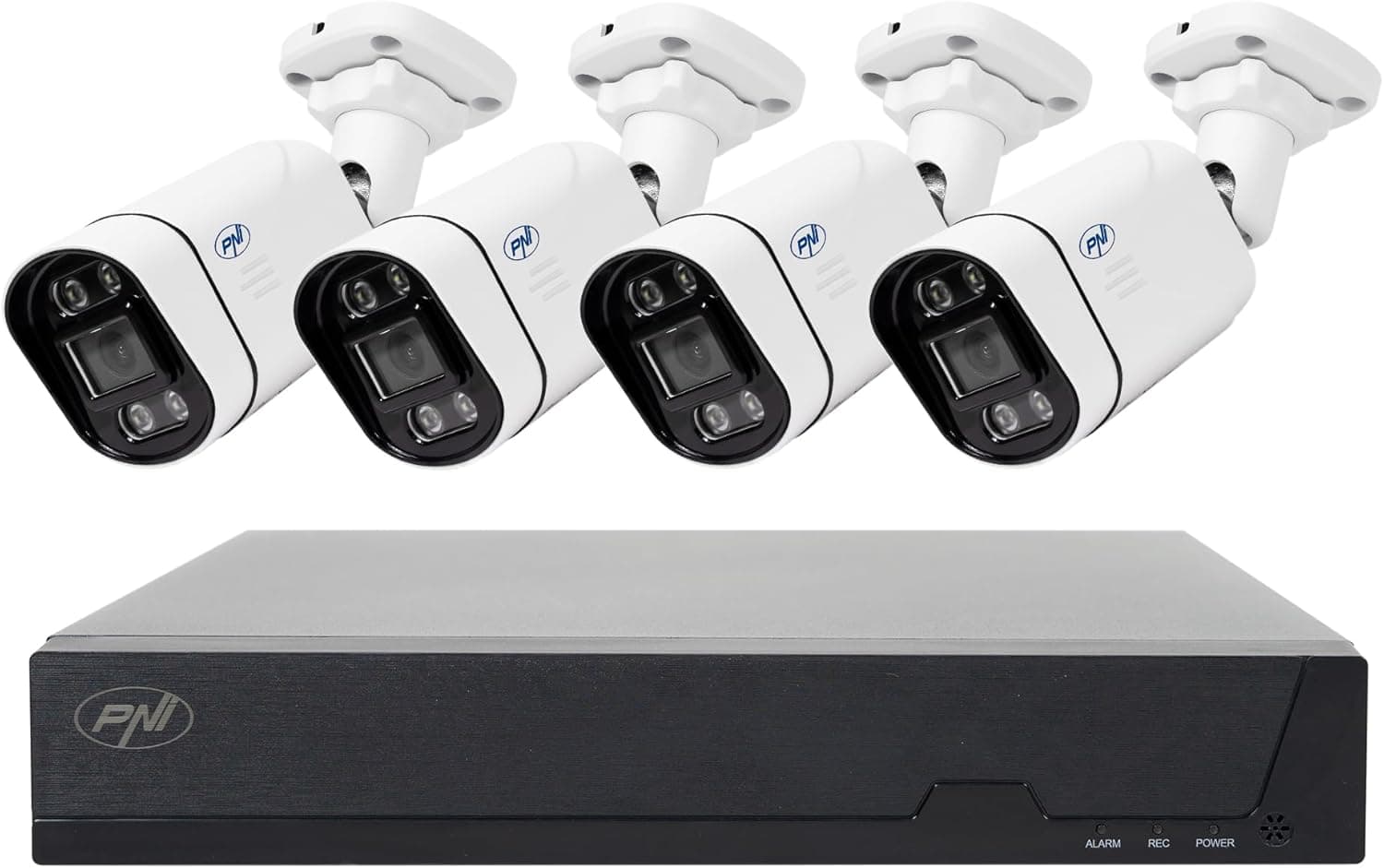 PoE PNI House Kit de videovigilância IPMAX PoE 5, NVR com 4 portas PoE e 4 câmaras IP de 5 MP, 1920p, aplicação XMEye para telefones inteligentes e CMS geral para Windows, classificação IP66