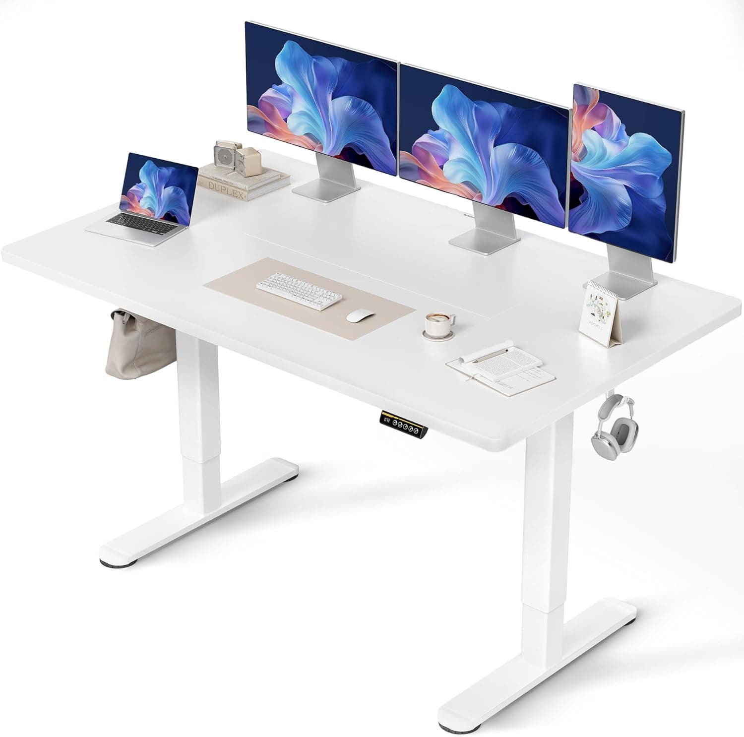 Claiks Mesa de pé elétrica ajustável em altura 160 × 80 cm (FSC®), mesa de pé com função de memória e gestão de cabos, motor silencioso para escritório em casa, design ergonómico, bancada branca
