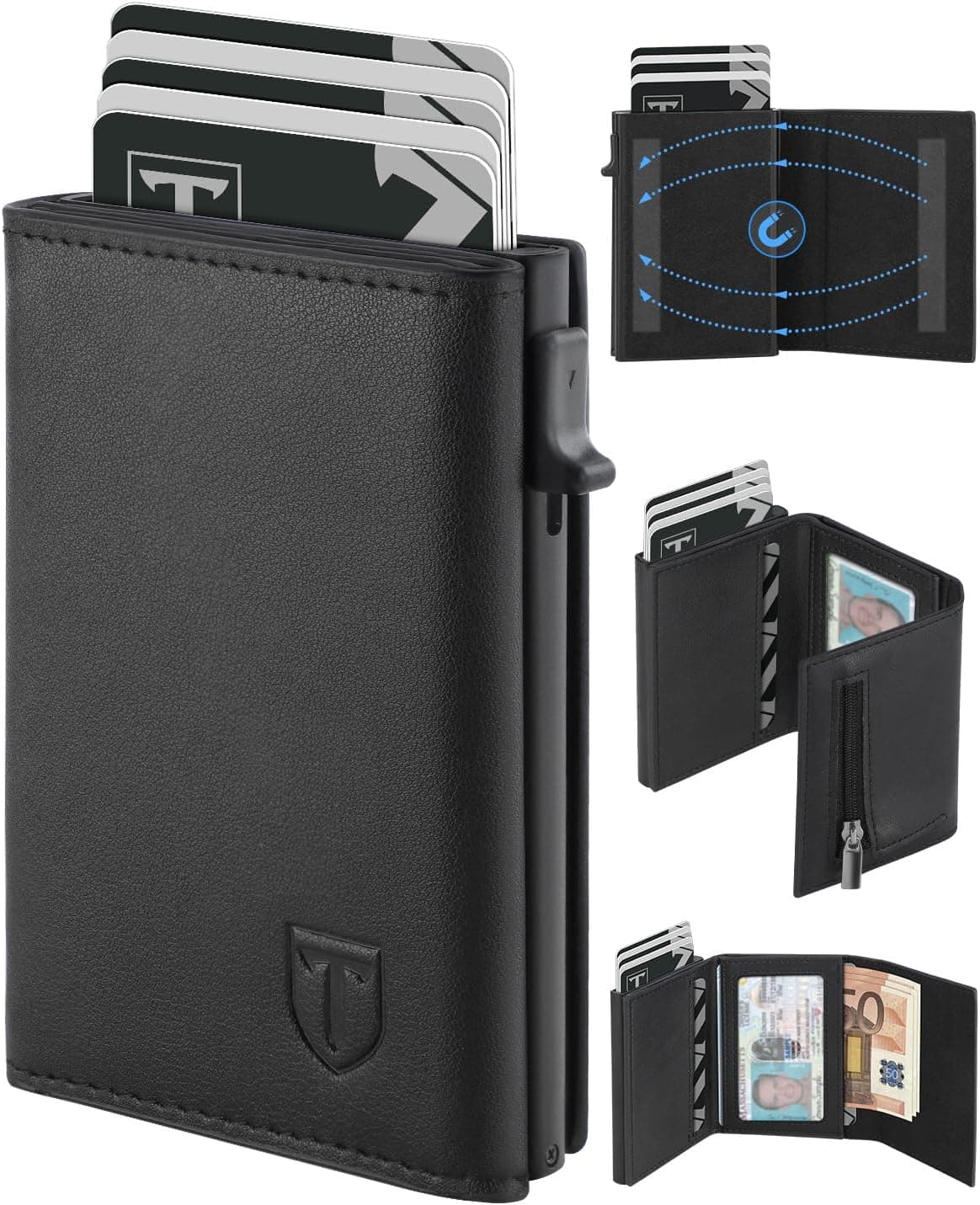TEEHON Carteira homem de couro com fecho magnético, porta-cartões com bloqueio RFID, carteira porta-cartões homem pequeno para crédito, bilhetes e moedas com caixa de presente, preto, Preto, Casual