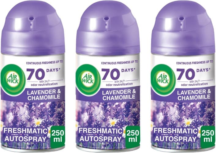 Air Wick Freshmatic Recarga de ambientador em spray automático, essência para casa com aroma de lavanda e camomila, 3 embalagens