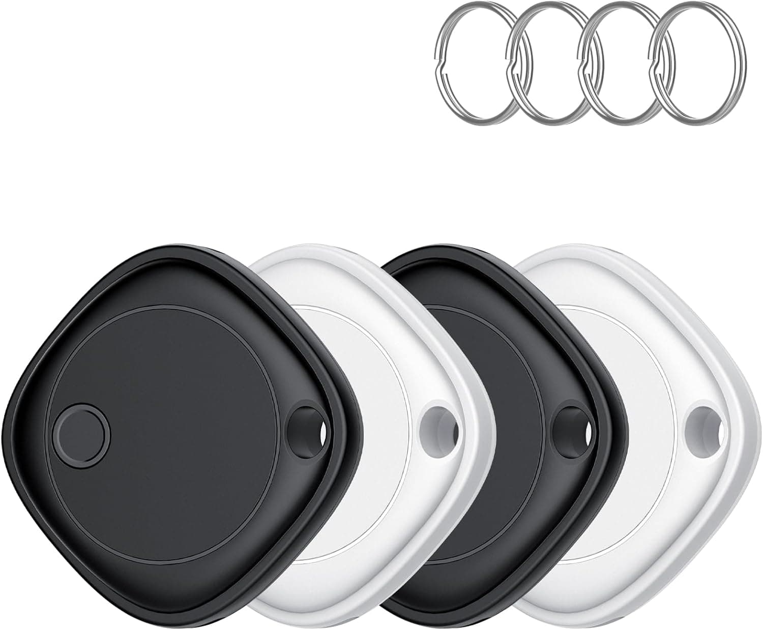 Smart Tag Tracker 4 Pack, Buscador de Objetos Bluetooth Funciona con Buscar Apple (Sólo iOS, Android no Compatible), Rastreo Mundial, Rastreador para Llaves/Equipaje/Cartera, Batería Reemplazable Negr o Negr o Blanco o Blanco