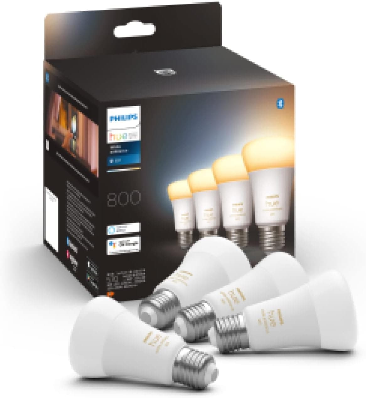 Philips Hue - Lâmpada LED inteligente, A60 E27, luz branca quente a frio, 8,5 W (EQ. 60 W) 800 lúmenes compatível com Alexa e Google Home, conjunto de 4 lâmpadas LED inteligentes