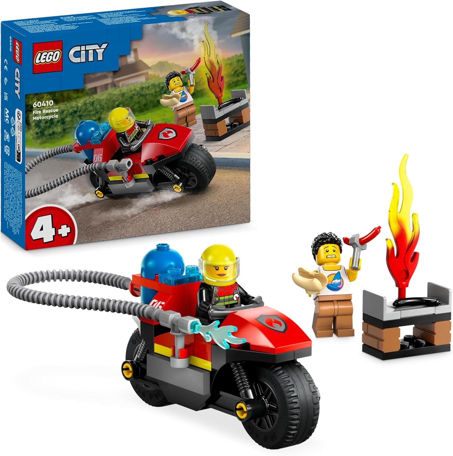 LEGO City Moto de resgate de bombeiros, veículo de brinquedo e cena de emergência de incêndio, 2 minifiguras Inc. Bombeira, presente divertido para meninos e meninas de 4 anos ou mais, jogo