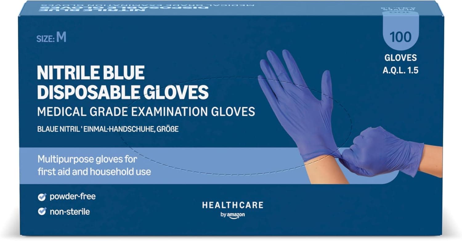 Hevea Luvas de nitrilo descartáveis, sem látex nem talco, pacote com 5 caixas de 100 luvas cadas, cor azul