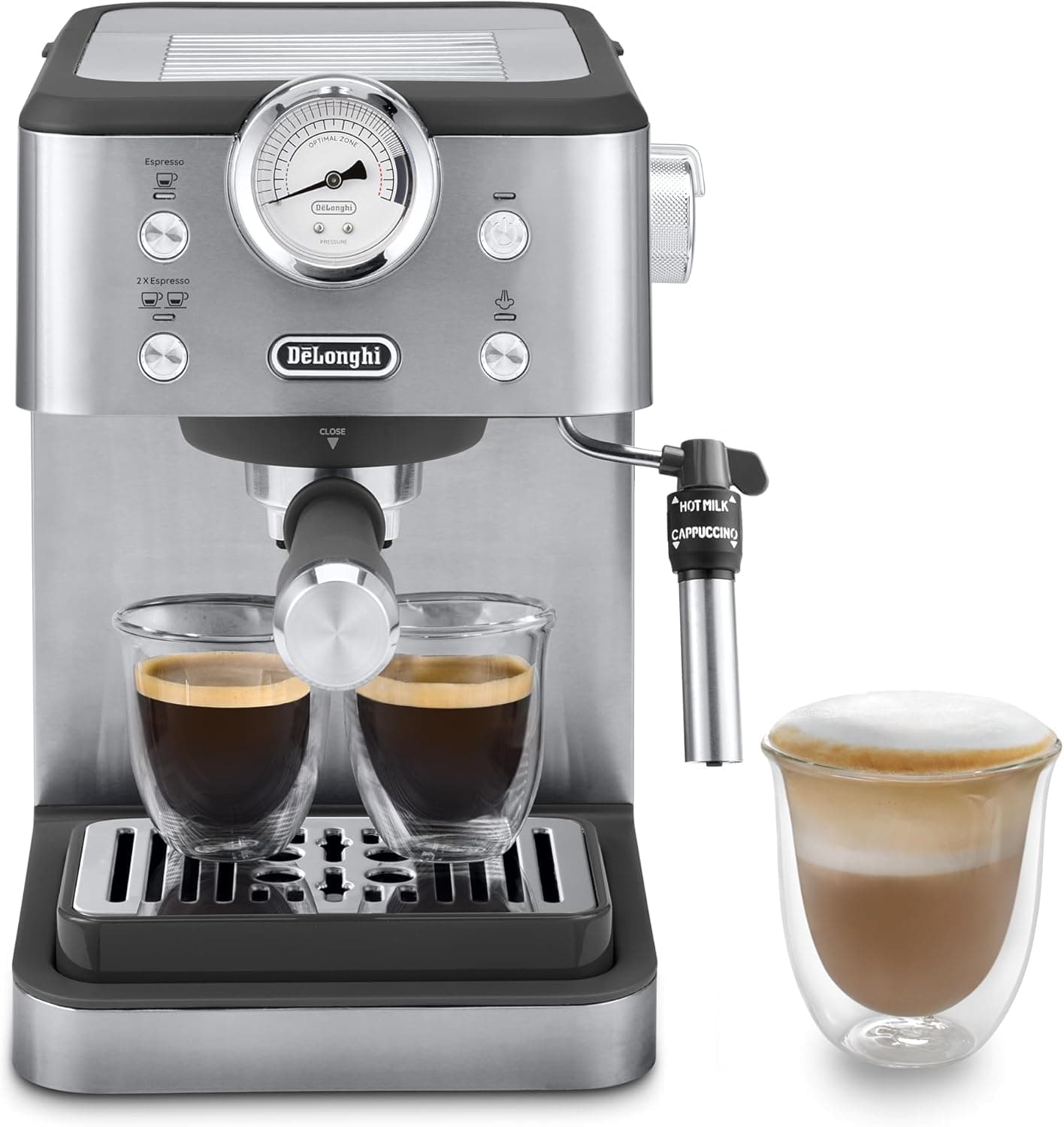 De'Longhi Linea Classic EM450.M, Máquina Café Manual con Varilla Vapor, Máquina Espresso con Bomba Barista, Boquilla para Capuchino, Filtro Doble Pared, 15bar, Taza Hasta 13cm, Acero Inoxidable/Metal
