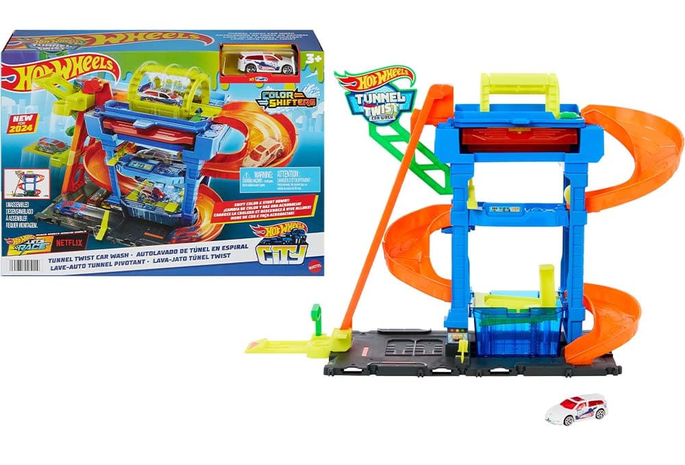 Hot Wheels City "Let's Race - a correr!" Netflix - Túnel de lavagem com rotações pista para carros de brinquedo, inclui 1 veículo cor shifter, + 4 anos (Mattel HTN80)