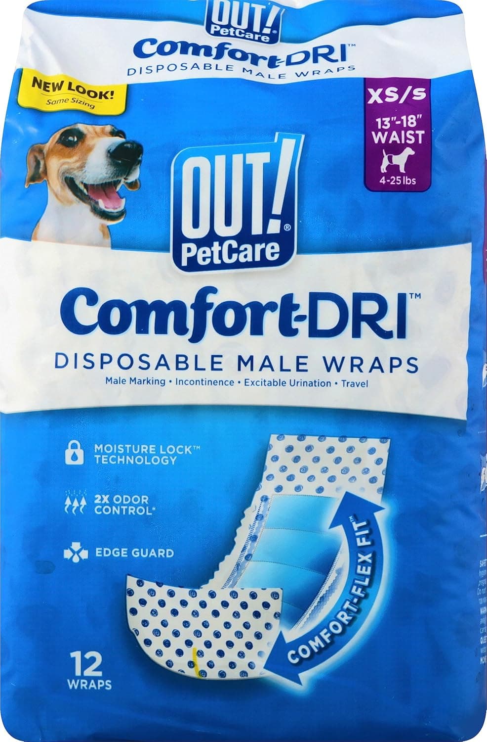 OUT! Envoltórios descartáveis e absorventes para cães machos com ajuste à prova de fugas (embalagem de 12)