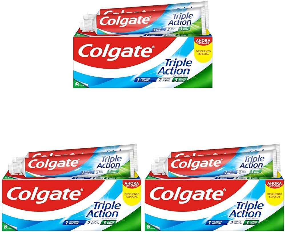 Colgate Tripla ação pasta de dentes, embalagem de 2 unidades x 75 ml, dentífrico com fluor, pasta de dentes anticáries, ajuda a manter os dentes brancos, refresca o fôlego, para toda a família