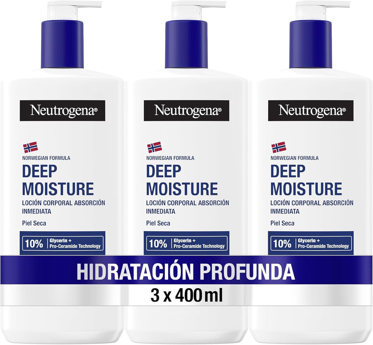 Neutrogena Fórmula Noruega Hidratação Profunda Loção Corporal de Absorção Imediata (3 x 400 ml), creme hidratante corporal com tecnologia Pro-Ceramida e Glicerina