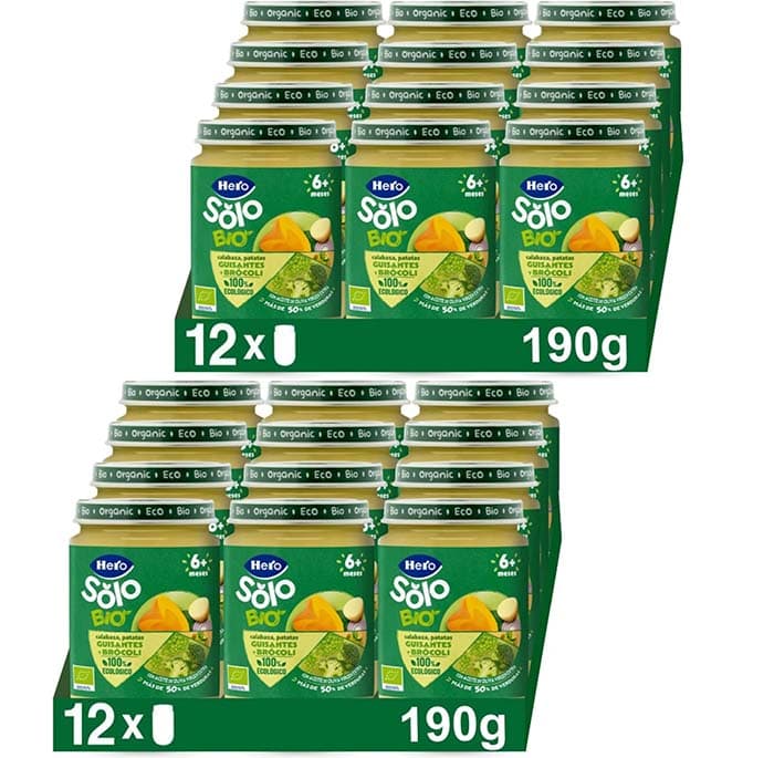 Hero Solo Bio Potinhos de abóbora, batatas, ervilhas e brócolos 100% ecológicos, com ingredientes naturais para bebés a partir dos 6 meses - pacote de 24 x 190 g