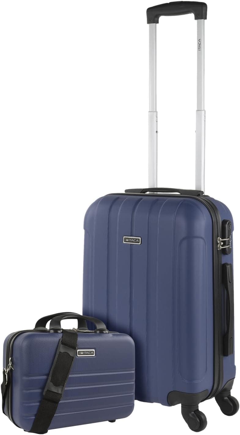 ITACA - Malas de viagem rígidas ABS - mala de viagem cabine, mala média e mala grande - pega telescópica, 4 rodas giratórias e cadeado de combinação, Azul e rosa:, Bagagem de mão