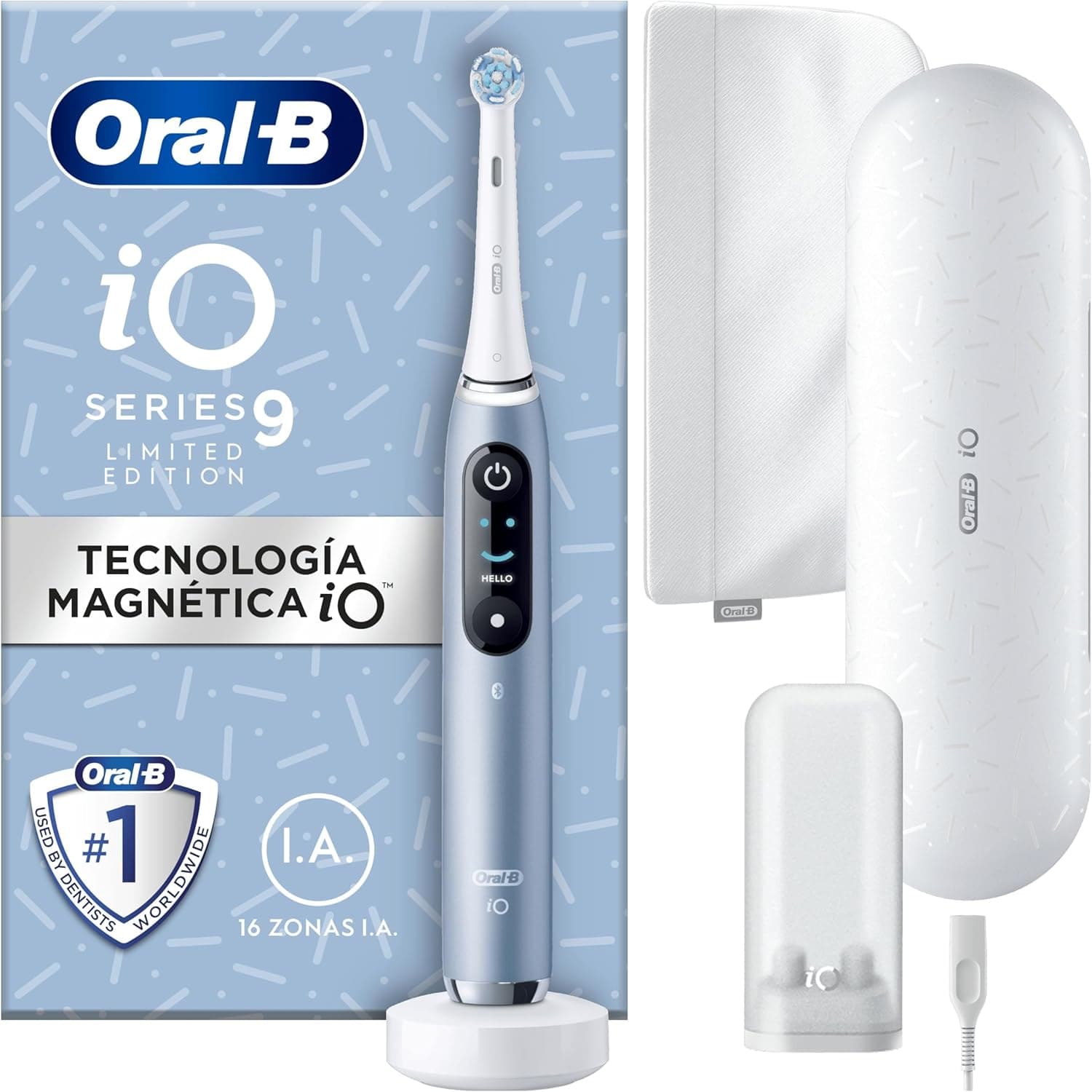 Oral-B iO 9 Escova de dentes elétrica com cabo recarregável, 1 cabeça, estojo de viagem com carregador e capa magnética, desenhado por Braun, presentes originais para mulher e homem - azul