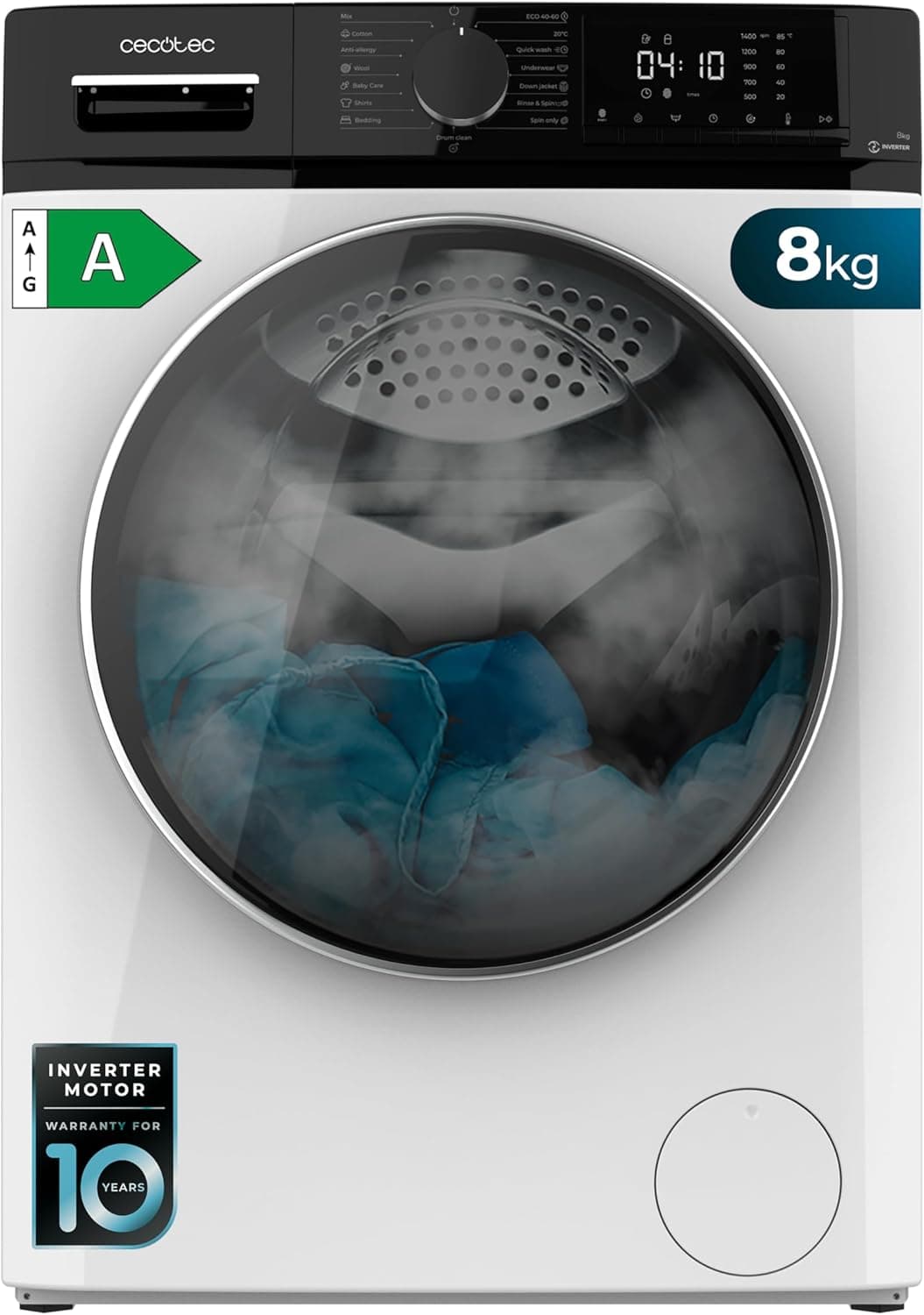 Cecotec Lavadora de carga frontal 8 kg Bolero Dresscode 8610 Inverter A, 8 kg de capacidade, 1400 rpm, classe A, função com vapor, motor inversor Plus, 15 programas, otimiza o nível de água e lavagem