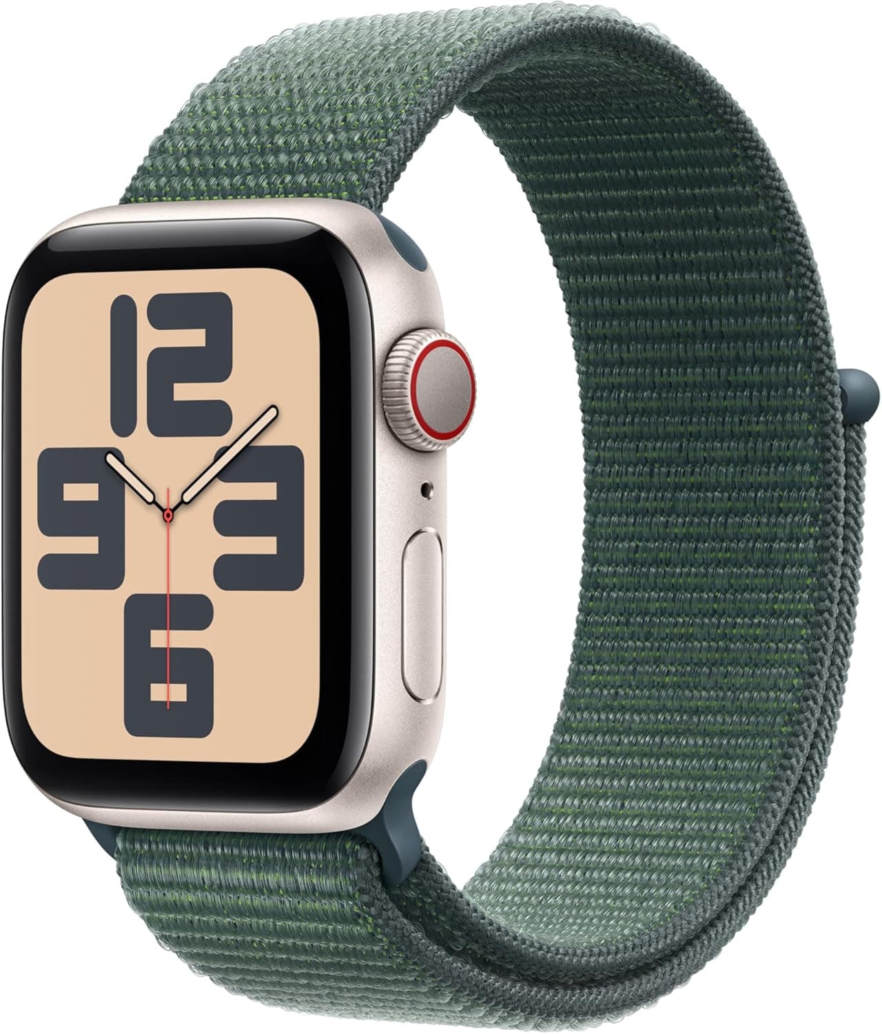 Apple Watch SE de 2.ª geração GPS + Cellular Smartwatch com caixa de alumínio em branco estrela de 40 mm e correia desportiva verde lago. Monitores de treino e sono e neutro em carbono