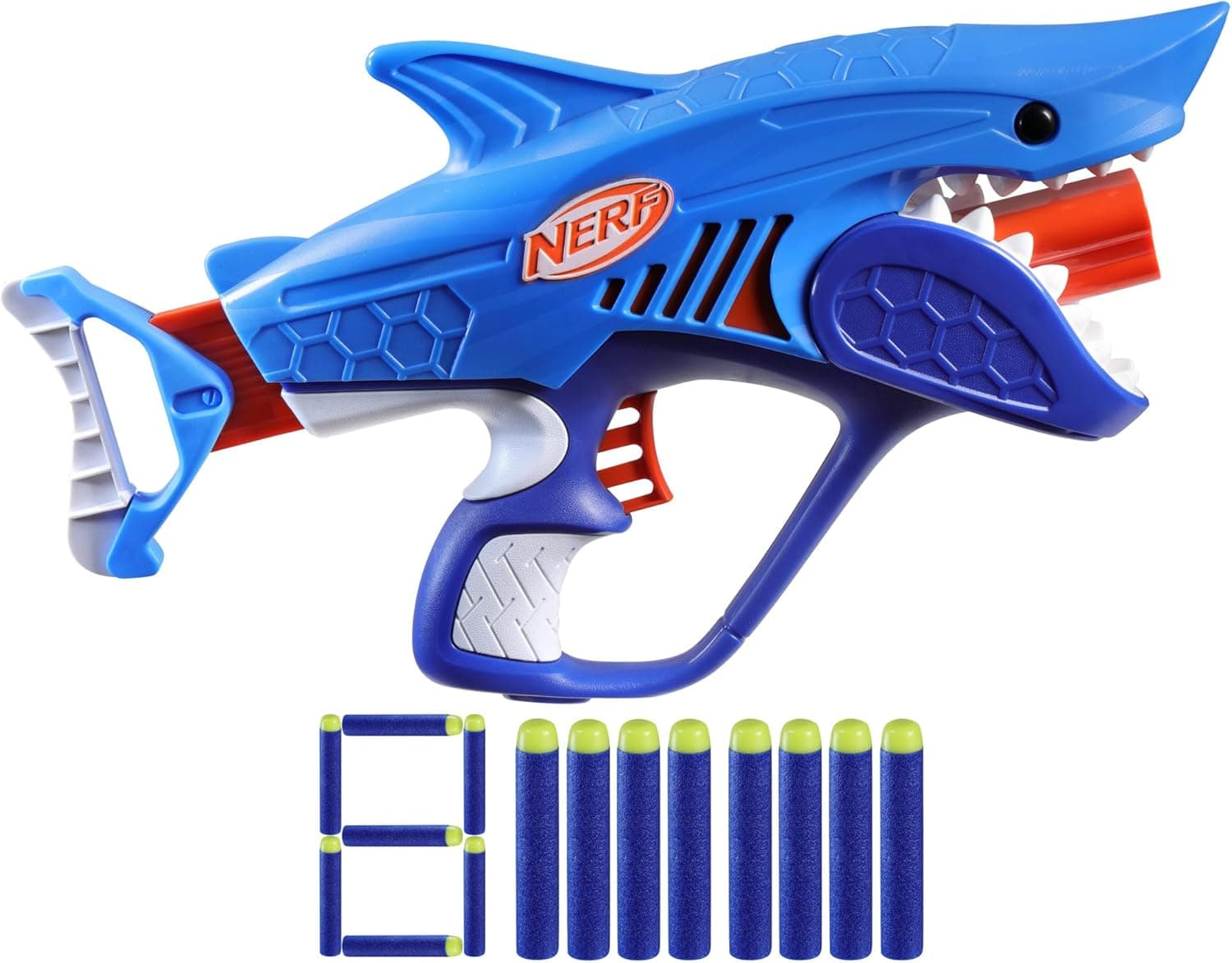 Nerf SHARKFIRE Lançador de brinquedo em forma de tubarão e 8 dardos de espuma, jogo de batalhas, fácil de usar, presente para meninos e meninas de 6 anos ou mais, azul