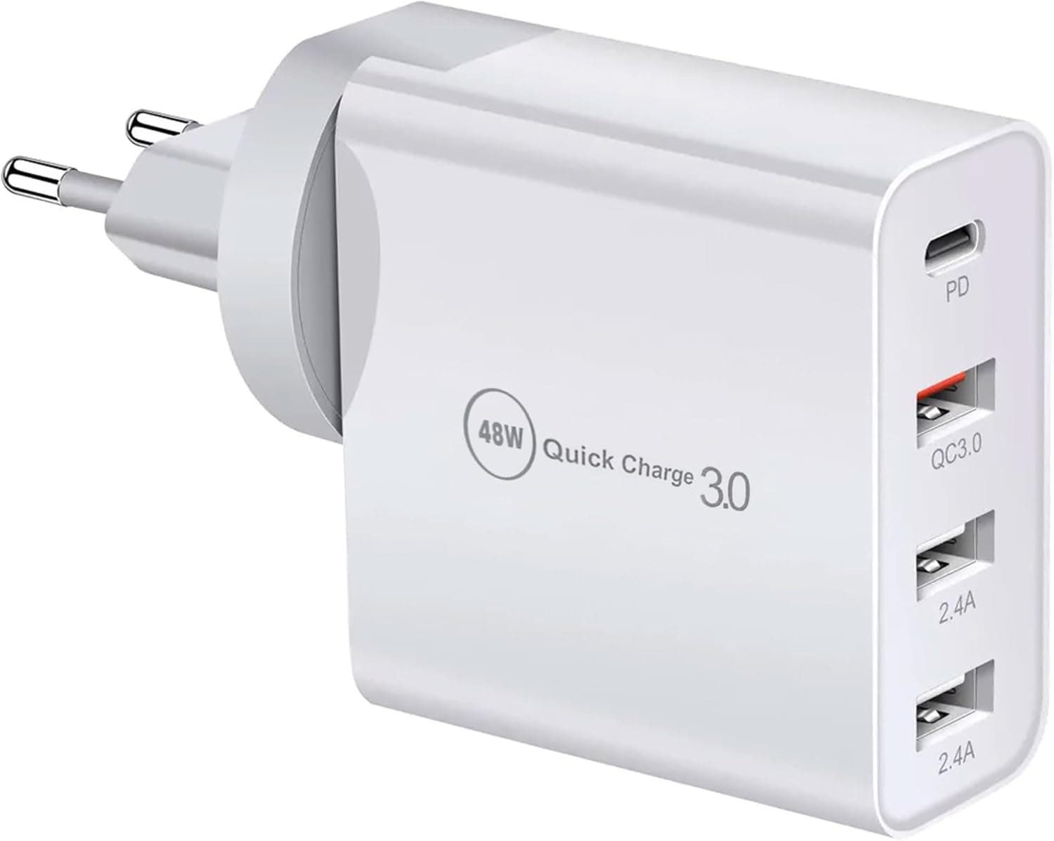 Carregador USB C de 48W, 4 portas Quick Charger PD 3.0 múltiplas compatível com iPhone 15/14/13/12, Se, Pad, Samsung, Huawei, Xiaomi, adaptador de energia, fonte de alimentação USB A e tipo C