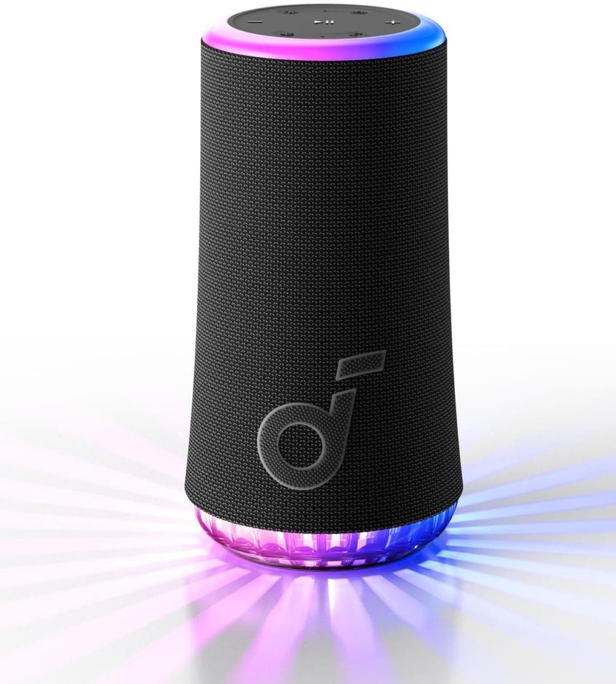 soundcore Altifalante portátil Glow com som de 30 W e 360°, luz radiante sincronizada, reprodução de 18 horas, equalizador e espetáculo de luz personalizáveis, e resistente à água IP67