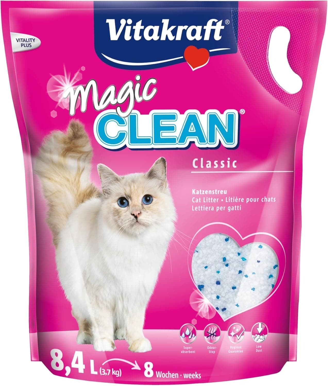 Vitakraft Magic Clean Classic, areia não aglomerante para gatos, fabricada com microesferas minerais, inibe bactérias, especialmente baixa em pó, tem uma duração de 8 semanas (1 x 8,4 l)