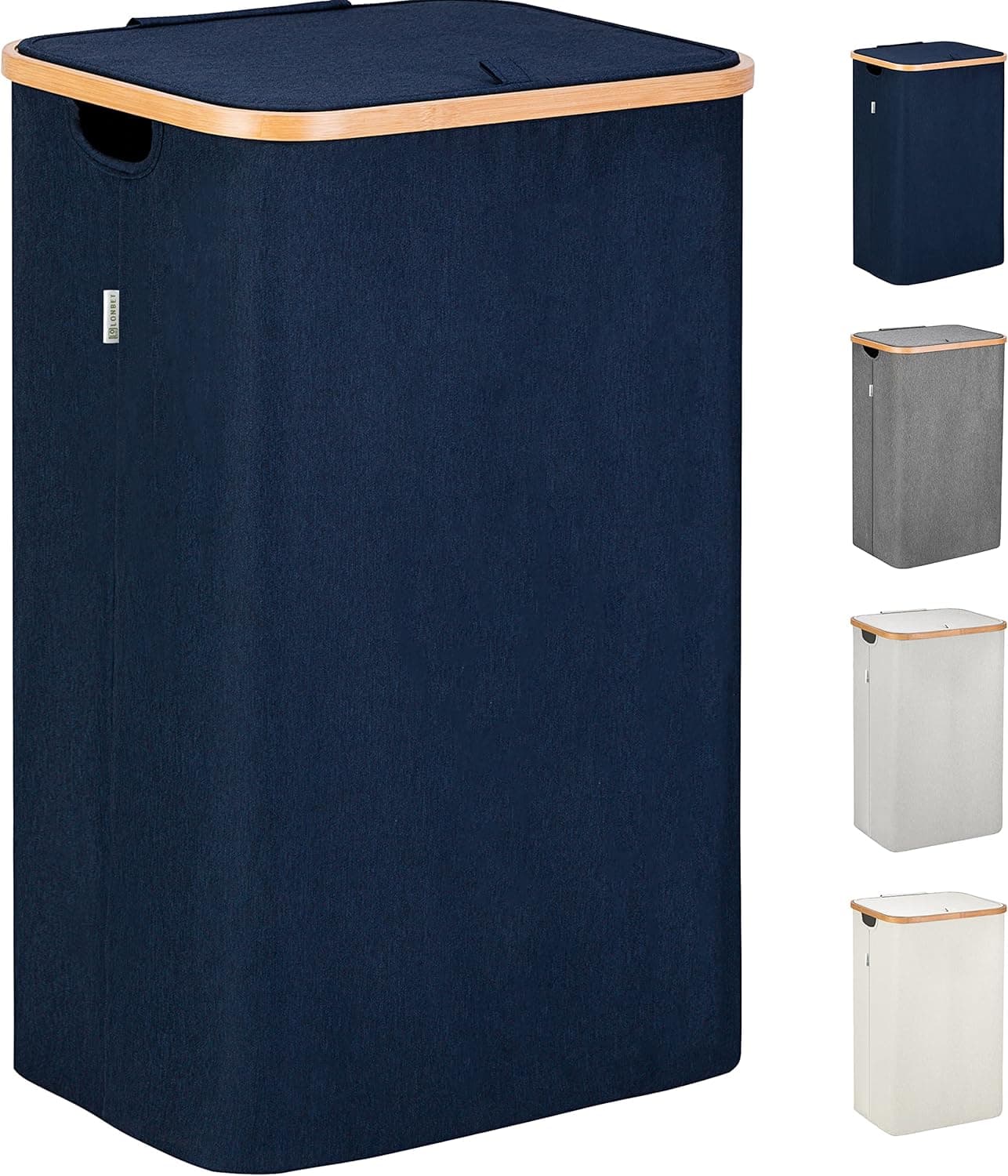 Lonbet - Cesto de roupa suja com tampa XL 100 L - cubo resistente de bambu - fácil de montar - cesto dobrável grande com alças - azul